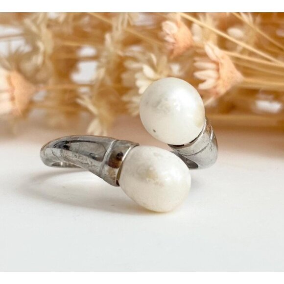 Wrap Around Bypass Shank Dual Faux Pearl Vintage Sterling Silver Ring - sz 9.5 - Picture 1 of 10